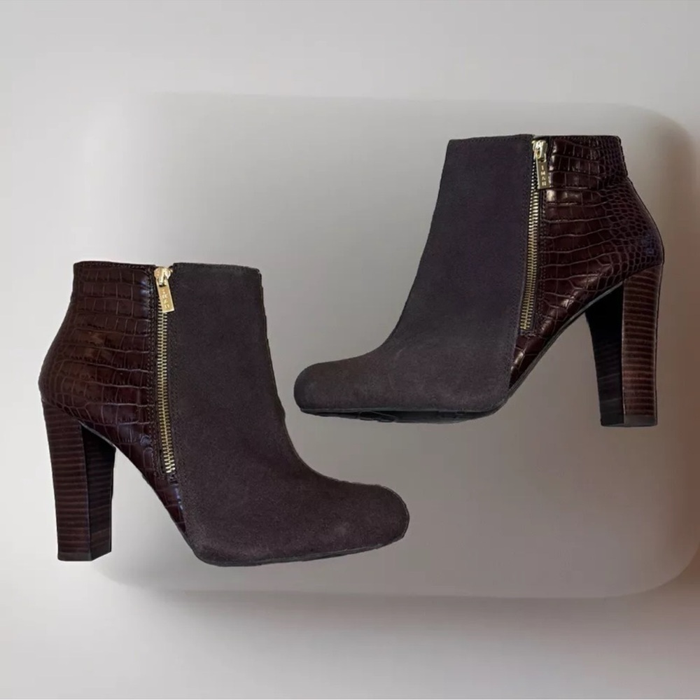 Iman Brown Boots Sz 10 Zip Up 4'' High Heel Ankle Reptile Bootie Party Office